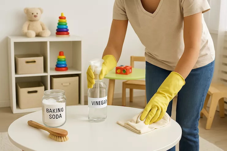 En person städar ett ljust familjehem med naturliga, allergivänliga produkter som ättika och bikarbonat, medan barnens leksaker och möbler står organiserade i bakgrunden